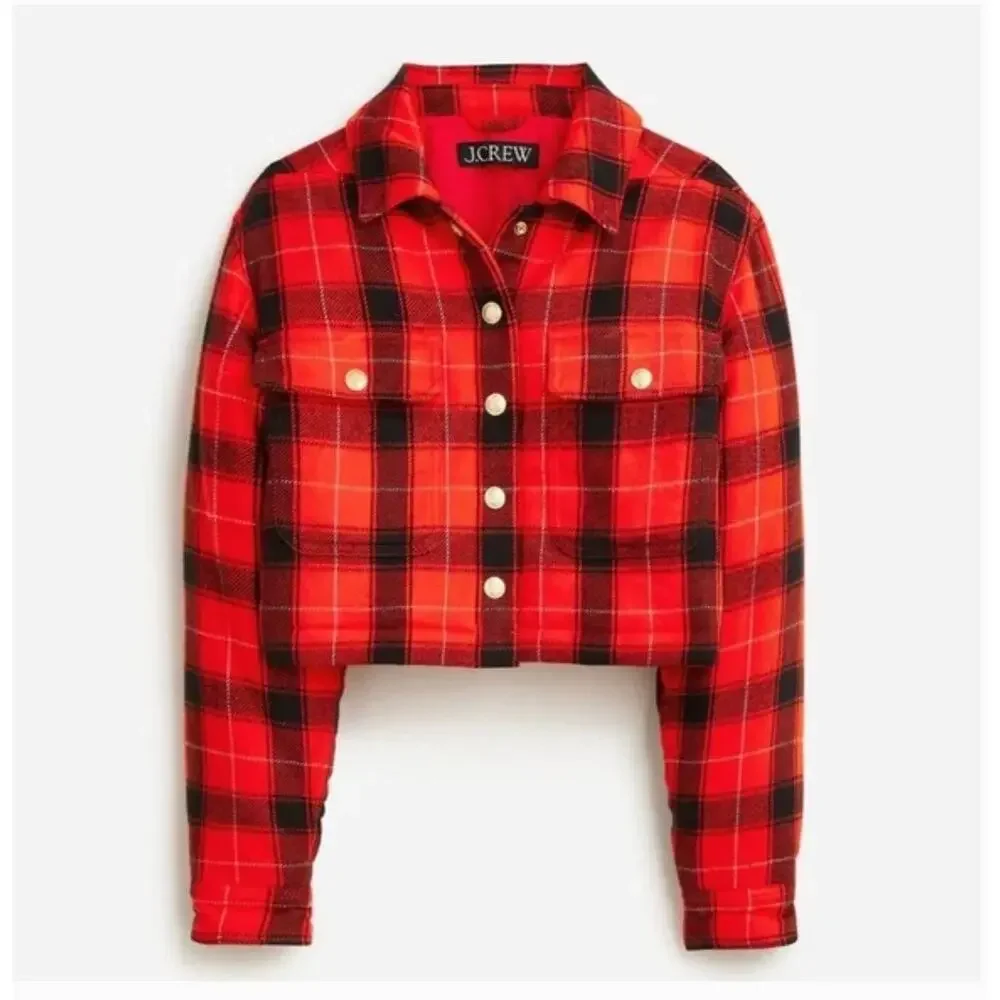 J.Crew Crop Puffer Jacket M Red Buffalo Check Plaid BV699 Black Western Prep